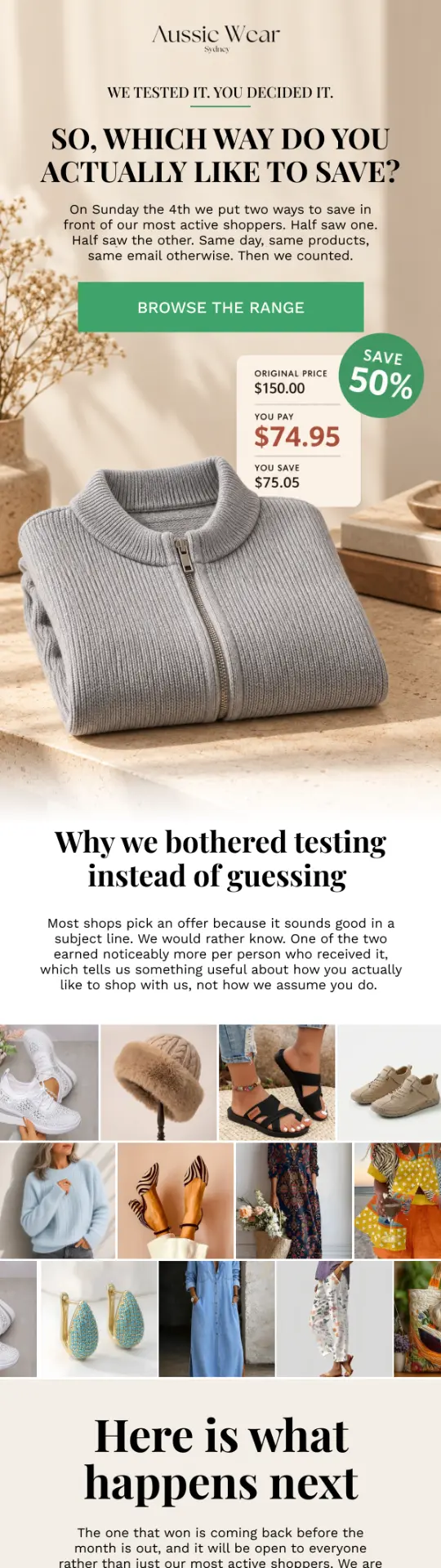 Apparel testing results email design